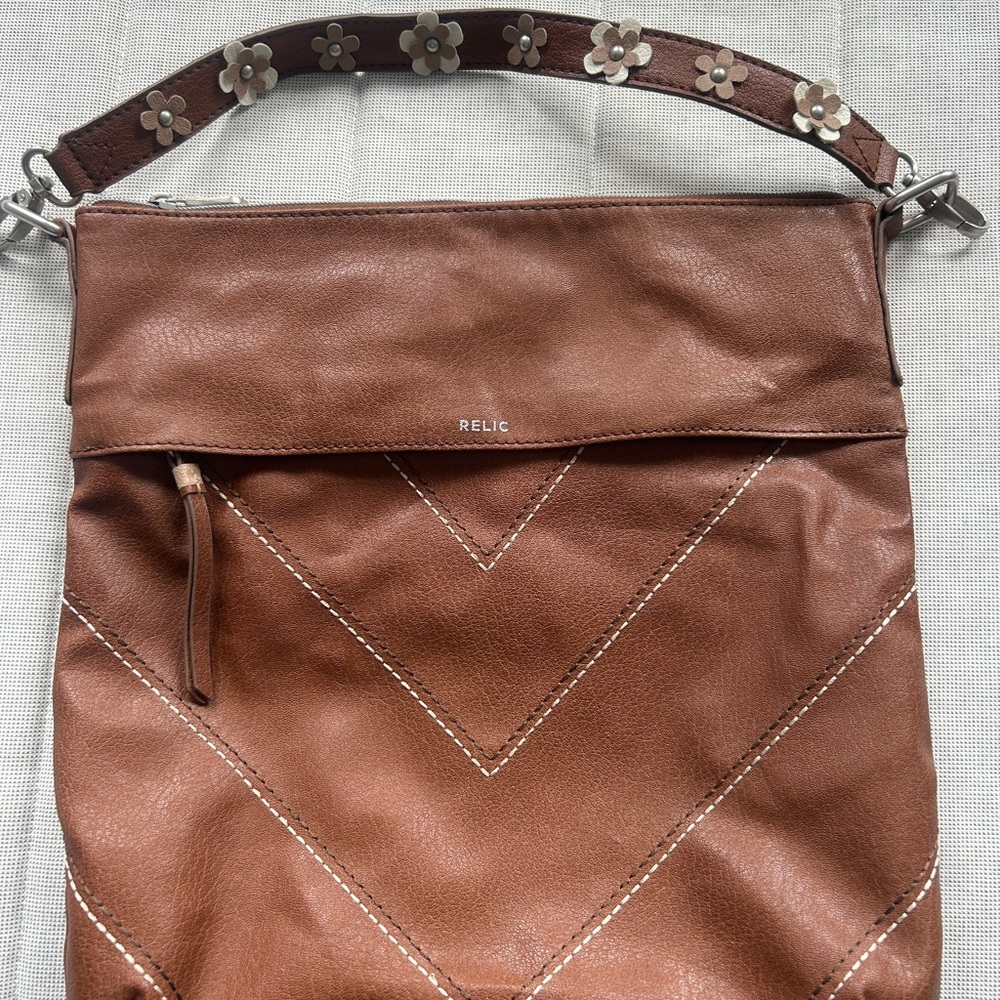 Relic Brown Faux Leather Hobo Bag with Contrast stitching flower handle